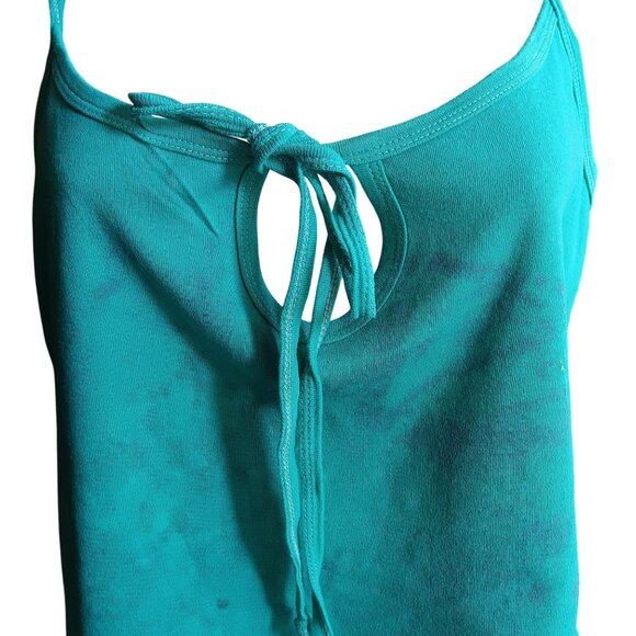 Large 1970's Single Stitch Turquoise Sleeveless Tie-Front Crop Top T-shirt - Picture 2 of 7